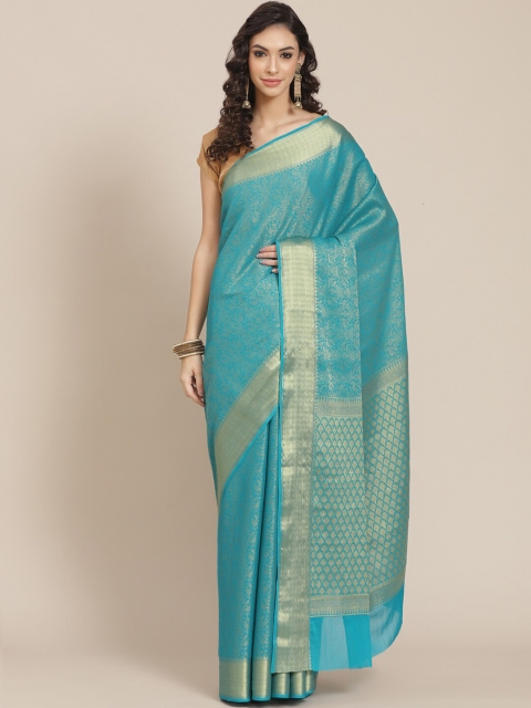 

Meena Bazaar Turquoise Blue & Gold-Toned Floral Zari Brocade Banarasi Saree