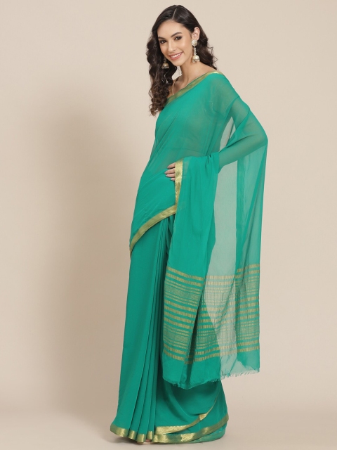 

Meena Bazaar Green & Gold-Toned Zari Banarasi Saree