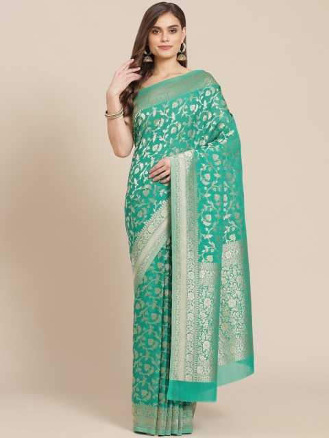 

Meena Bazaar Green & Gold-Coloured Floral Zari Banarasi Saree
