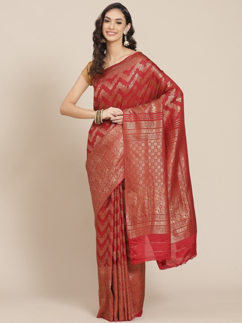 

Meena Bazaar Red & Silver-Toned Woven Design Zari Pure Crepe Banarasi Saree