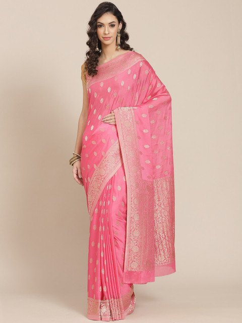 

Meena Bazaar Pink & Gold-Toned Woven Design Zari Saree