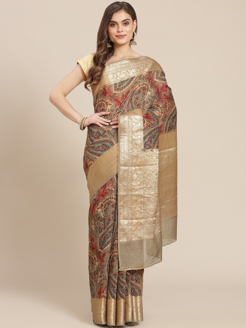 

Meena Bazaar Green & Red Floral Zari Silk Blend Chanderi Saree