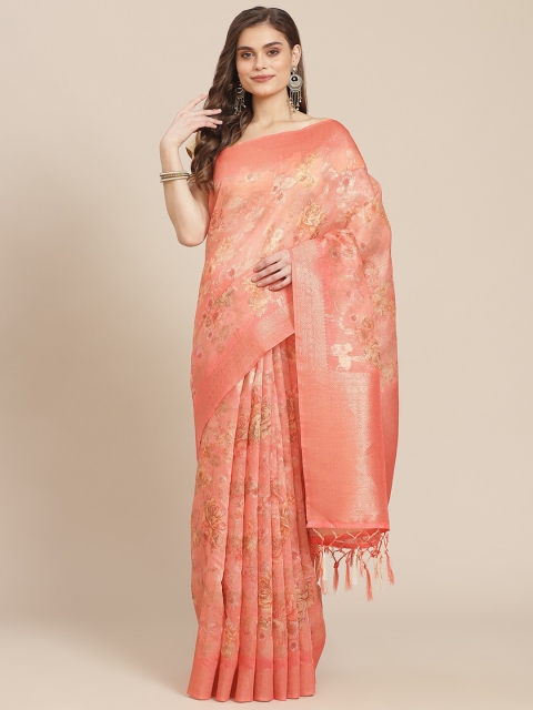 

Meena Bazaar Peach-Coloured & Gold-Toned Floral Zari Pure Cotton Banarasi Saree