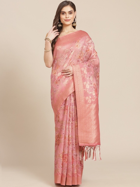 

Meena Bazaar Pink & Gold-Toned Floral Pure Cotton Banarasi Saree