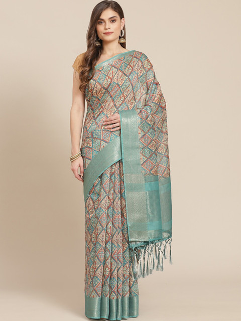 

Meena Bazaar Blue & Red Ethnic Motifs Pure Cotton Banarasi Saree