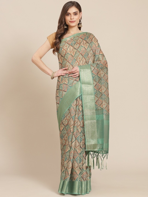 

Meena Bazaar Green & Red Ethnic Motifs Zari Pure Cotton Banarasi Saree