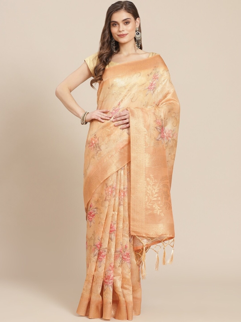 

Meena Bazaar Peach-Coloured & Pink Floral Silk Blend Chanderi Saree