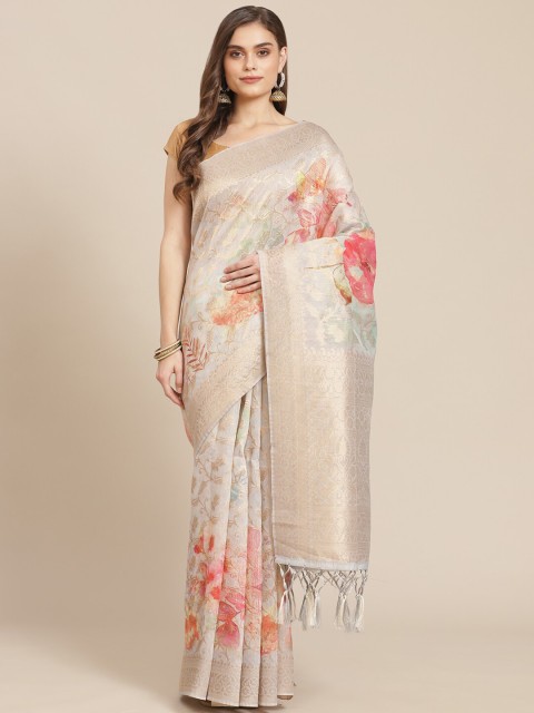 

Meena Bazaar Rose Gold & Pink Floral Woven Design Zari Banarasi Saree