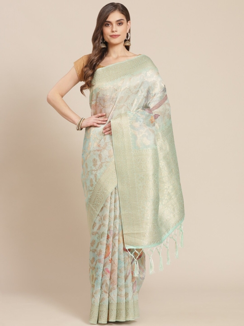 

Meena Bazaar Green Floral Printed Woven Design Pure Cotton Banarasi Saree