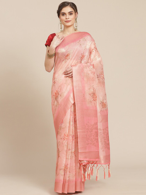 

Meena Bazaar Pink Floral Zari Silk Blend Chanderi Saree