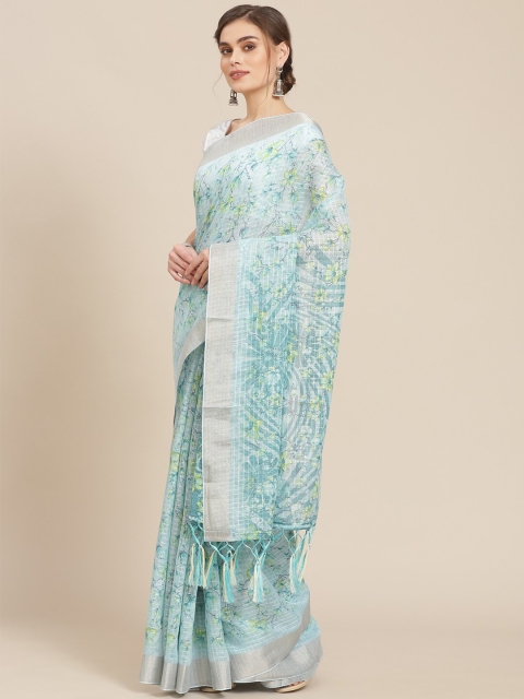 

Meena Bazaar Green & Blue Floral Zari Pure Cotton Chanderi Saree