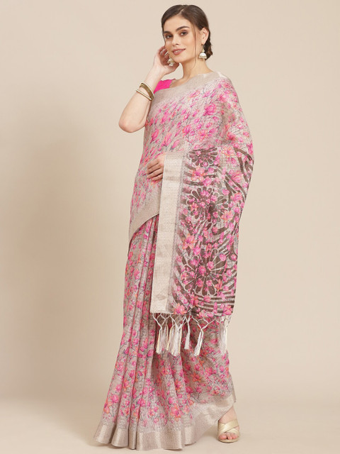 

Meena Bazaar Grey & Pink Floral Zari Pure Cotton Chanderi Saree