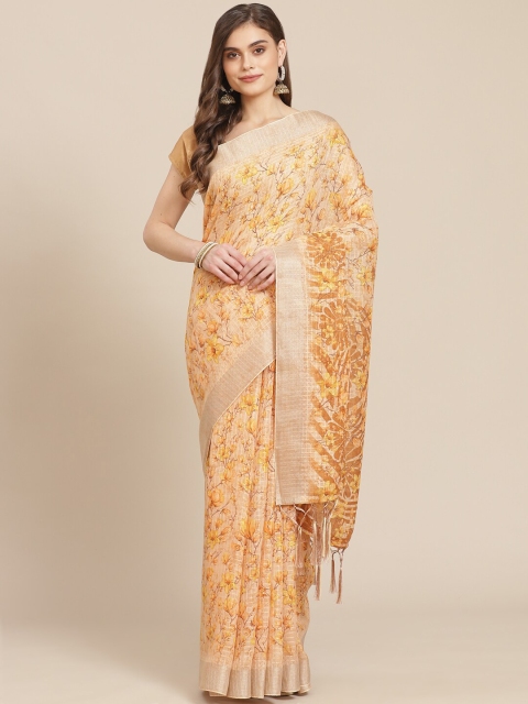 

Meena Bazaar Peach-Coloured & Brown Floral Pure Cotton Chanderi Saree