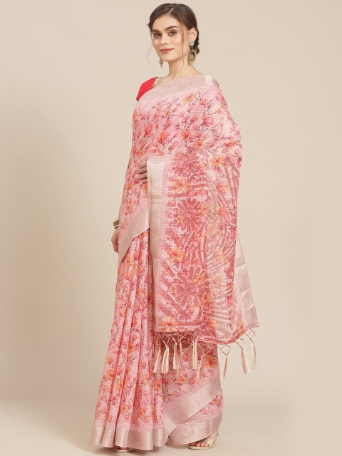 

Meena Bazaar Pink & Orange Floral Zari Pure Cotton Chanderi Saree
