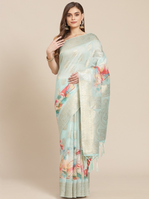 

Meena Bazaar Green & Peach-Coloured Floral Zari Banarasi Saree