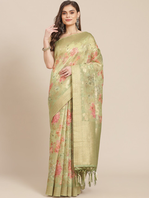 

Meena Bazaar Green & Red Floral Zari Pure Cotton Banarasi Saree
