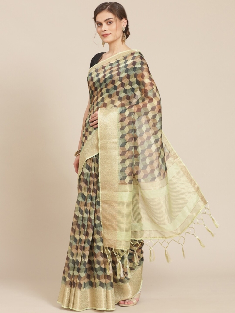 

Meena Bazaar Green & Gold-Toned Printed Zari Pure Cotton Banarasi Saree