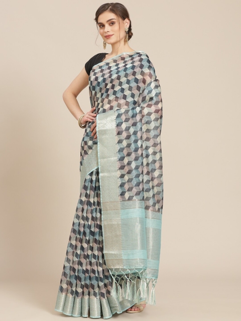 

Meena Bazaar Green Geometric Printed Pure Cotton Saree