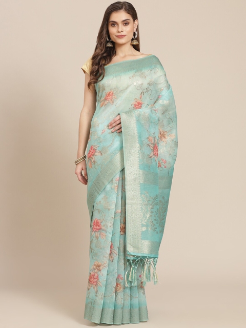 

Meena Bazaar Sea Green Floral Printed Silk Blend Banarasi Saree