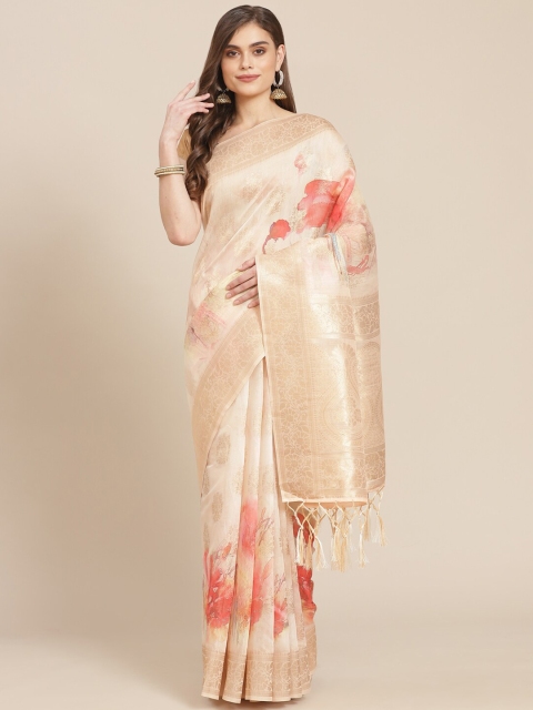 

Meena Bazaar Beige & Gold-Toned Woven Design Zari Banarasi Saree