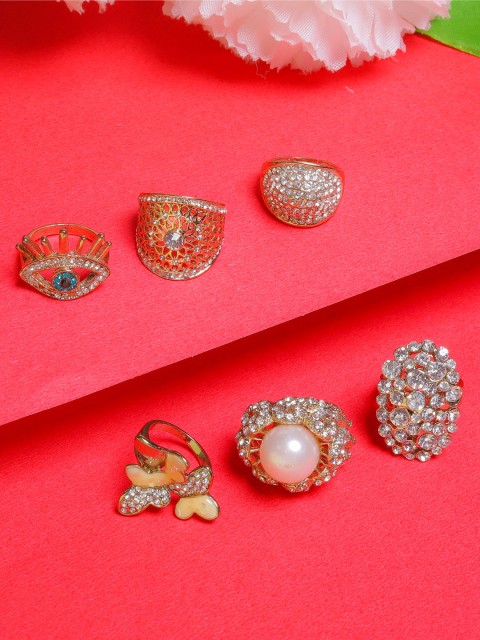 

DIVA WALK Set of 6 Gold-Plated Stone Studded Finger Rings