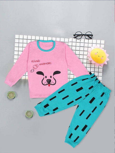 

Fashitale Kids Pink & Teal Blue Printed T-shirt with Trousers