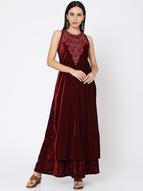 

Ojas Designs Women Maroon Floral Embroidered Pleated Velvet Kurta With Skirt