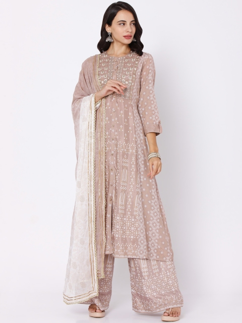 

Ojas Designs Women Beige Printed Kurta With Palazzos & Dupatta