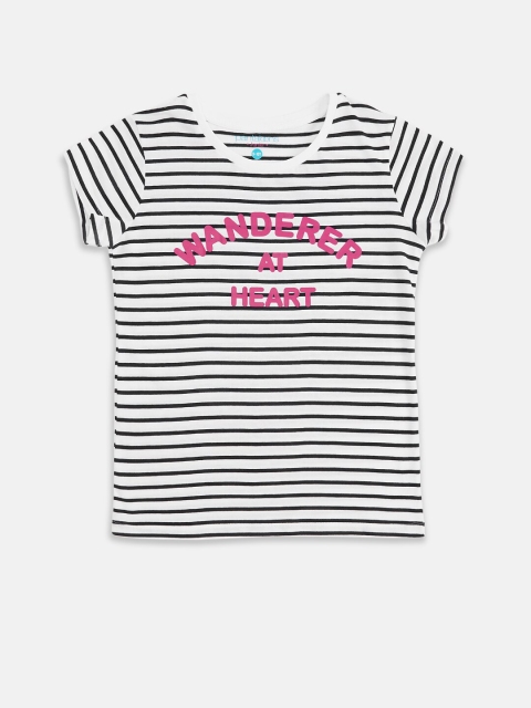 

Pantaloons Junior Girls White & Navy Blue Striped Pure Cotton T-shirt