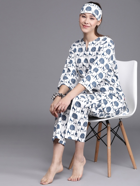 

Biba Women Off White & Blue Printed Night suit with Eye Mask SURREAL 068