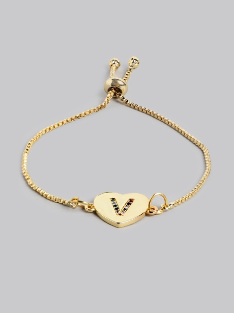 

Pipa Bella Women Gold-Toned Cubic Zirconia Heart Shaped V Initial Bracelet