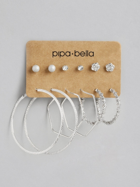 

Pipa Bella Set Of 6 Silver-Toned Contemporary Studs & Hoop Earrings