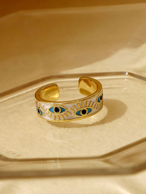 

Pipa Bella White & Blue Gold-Plated Enameled Evil Eye Adjustable Finger Ring
