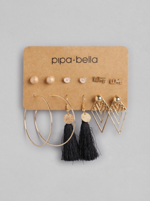 

Pipa Bella Gold-Toned & Black Contemporary Set Of 6 Hoop Earrings
