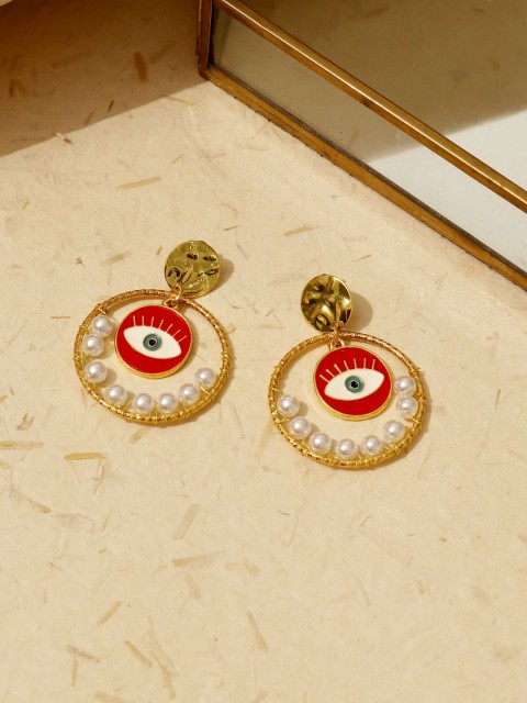 

Pipa Bella Red & White Gold-Plated Pearls Evil Eye Circular Enamelled Drop Earrings