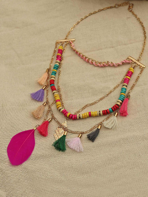 

Pipa Bella Gold-Toned & Pink Colorful Tassel Layered Necklace
