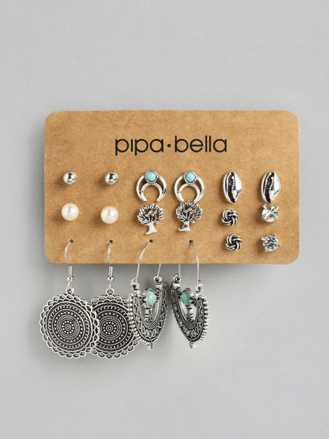 

Pipa Bella Set Of 9 Silver-Toned Oxidised Earrings