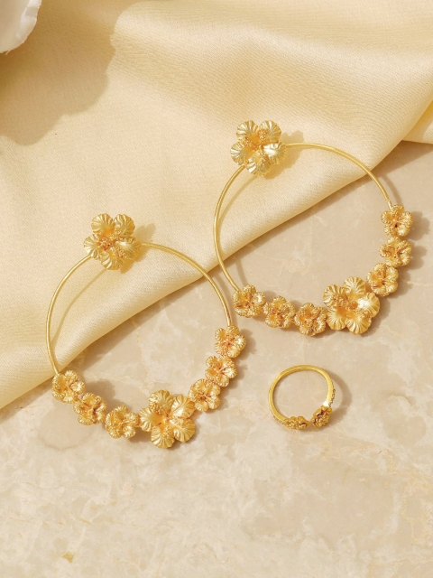 

Pipa Bella Chic Statement Floral Open Ring and Hoop Earrings Set, Gold