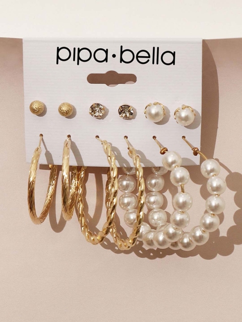 

Pipa Bella Set of 6Gold-Toned & White Contemporary Hoop Earrings, Gold