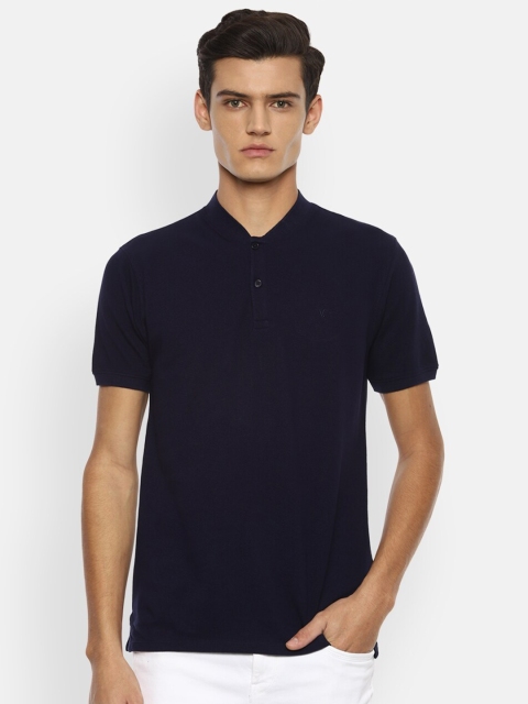 

V Dot Men Navy Blue Henley Neck Pockets Slim Fit T-shirt