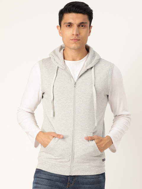 

Peter England Casuals Men Grey Melange and White Solid Hooded Sweatshirt