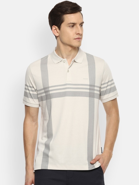 

Van Heusen Men Cream-Coloured Striped Polo Collar Applique T-shirt