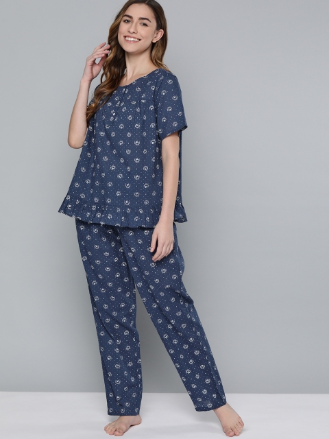 

HERE&NOW Women Navy Blue Printed Pure Cotton Night suit