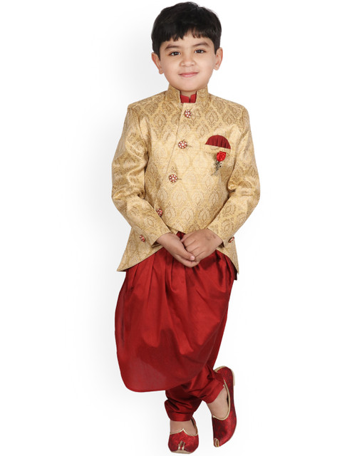 

SG YUVRAJ Boys Red Solid Raw Silk Kurta With Dhoti Pants & Jacket