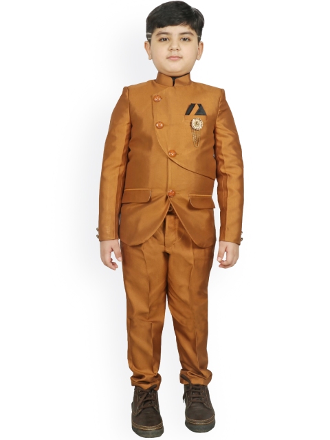 

SG YUVRAJ Boys Rust Orange-Coloured Solid 3-Piece Single Breasted Party Suit