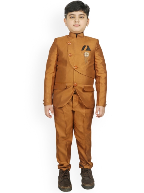 

SG YUVRAJ Boys Rust-Brown Solid Bandhgala 3-Piece Party Suit