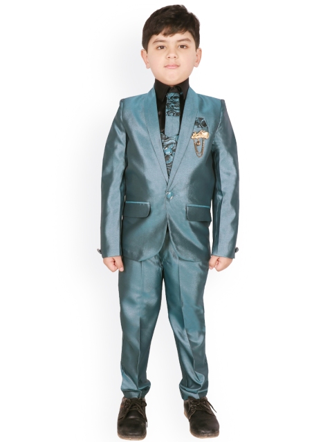 

SG YUVRAJ Boys Blue & Black Solid 4-Piece Single Breasted Party Suit