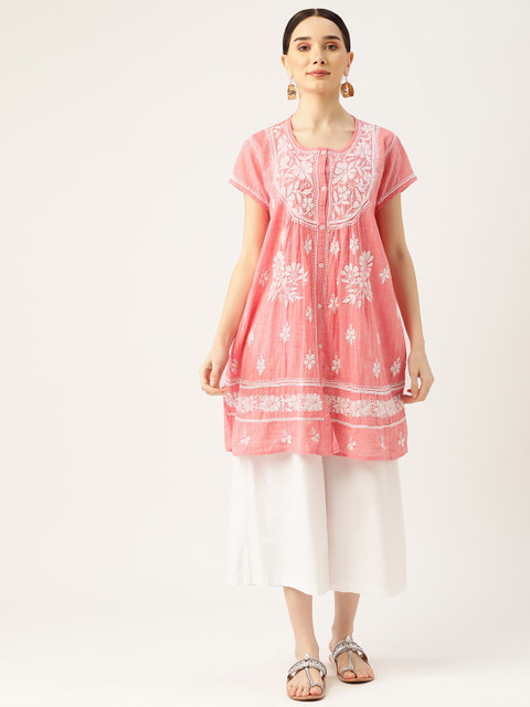 

HOUSE OF KARI Women Pink & White Floral Embroidered Chikankari Floral Kurta