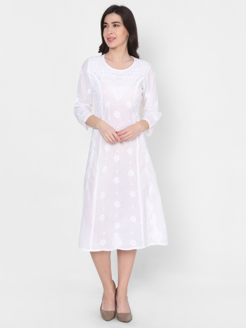 

HOUSE OF KARI White Chikankari Embroidered Cotton A-Line Midi Dress