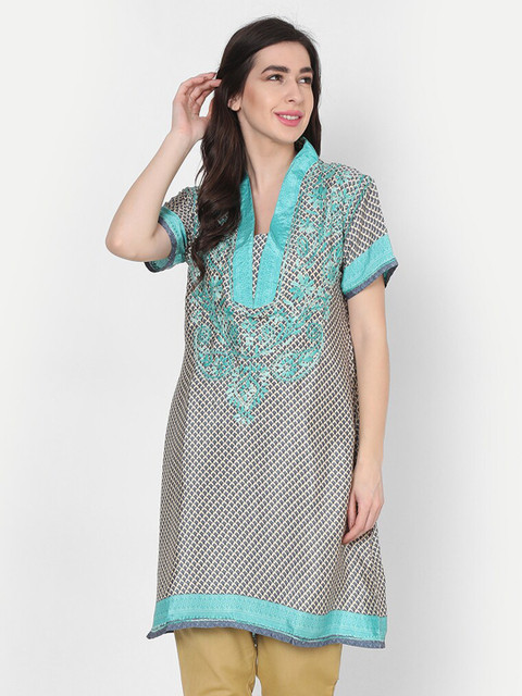 

HOUSE OF KARI Grey & Sea Green Chickenkari Embroidered Tunic